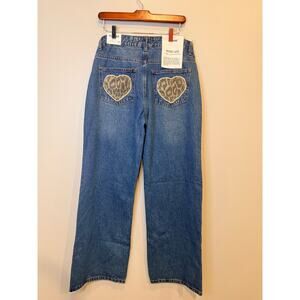 NWT Disclosure 90s Wide Leg Low Rise Jeans Animal patch Cheetah Pockets Size 7/2